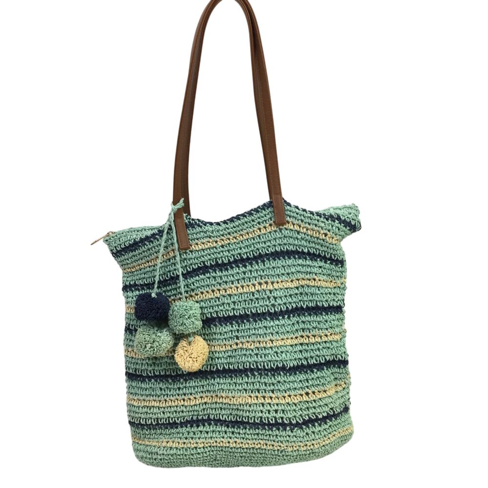 BTB Los Angeles Lucy Tote Striped Crochet Beach Tote Bag Pom-Pom Teal Green